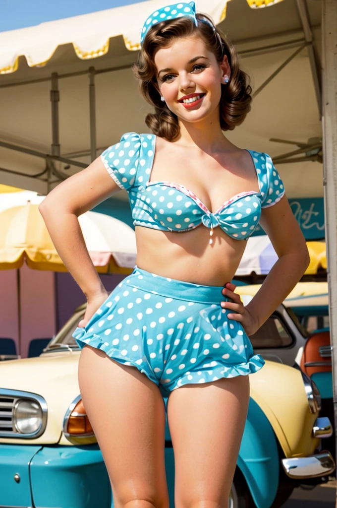 photo brunette pinup air kiss beautiful smile beautiful cafe retro bright light colors pastel  with polka dots posing in pinup style sexy