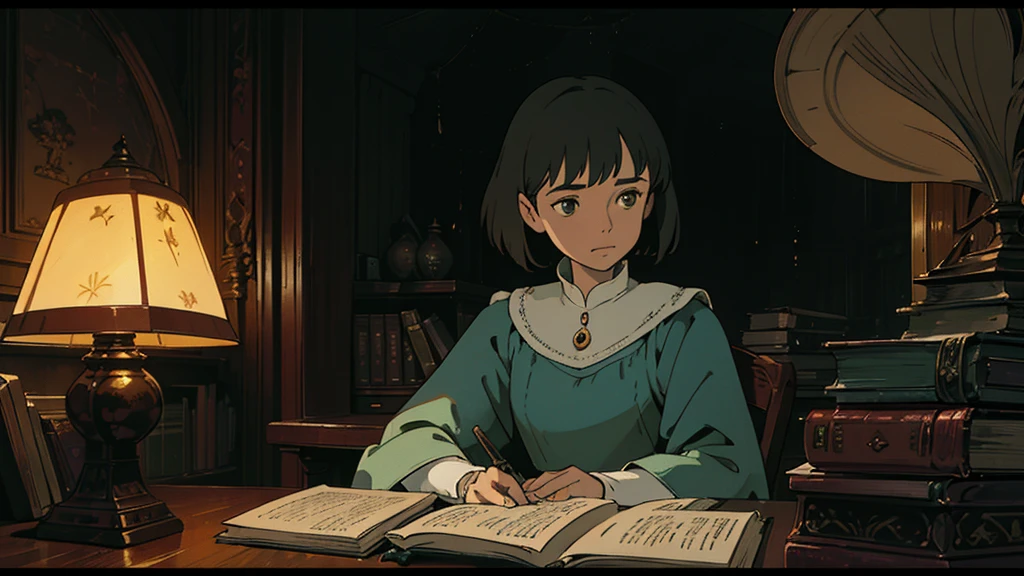 A girl, ensconced in a cozy corner on a rainy evening, sits surrounded by a jumble of books with an intensely profound study attitude. The soft yellow glow of the desk lamp illuminates her thoughtful expression, revealing her deep concentration and composed posture. Her inquisitive eyes dart back and forth between the pages, her nimble fingers turning them with subtle tilt, as she absorbs the old world wisdom contained within. The timeworn margins and sultry aura of the books add to the quiet night ambiance, creating a peaceful and tranquil countenance. This scholarly young woman, clad in plain attire, appears to be a seeker of knowledge and intellect