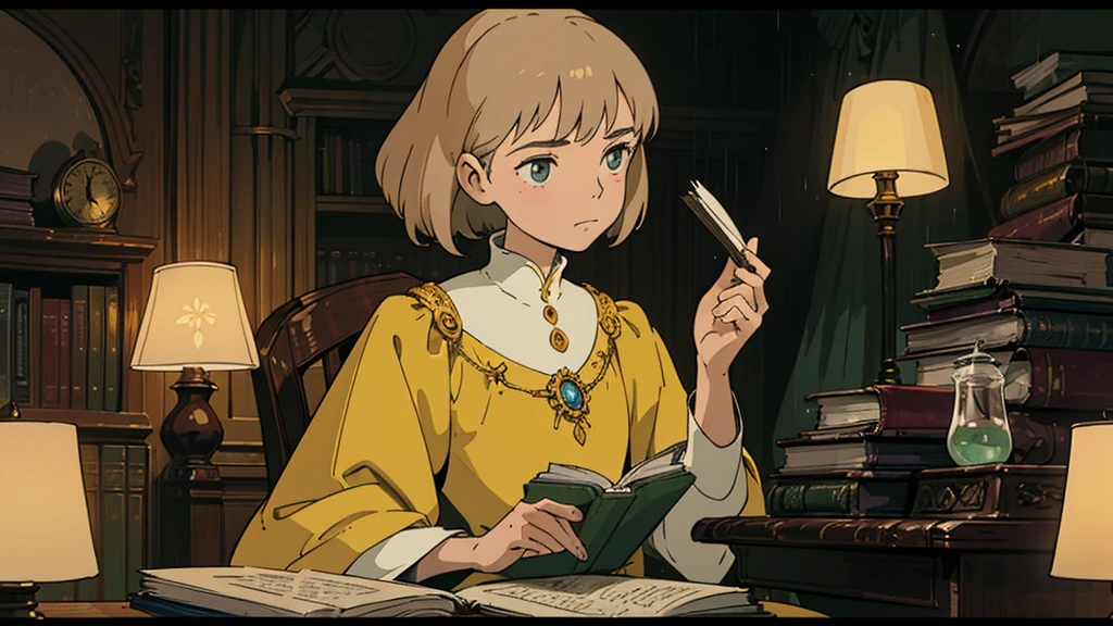 A girl, ensconced in a cozy corner on a rainy evening, sits surrounded by a jumble of books with an intensely profound study attitude. The soft yellow glow of the desk lamp illuminates her thoughtful expression, revealing her deep concentration and composed posture. Her inquisitive eyes dart back and forth between the pages, her nimble fingers turning them with subtle tilt, as she absorbs the old world wisdom contained within. The timeworn margins and sultry aura of the books add to the quiet night ambiance, creating a peaceful and tranquil countenance. This scholarly young woman, clad in plain attire, appears to be a seeker of knowledge and intellect