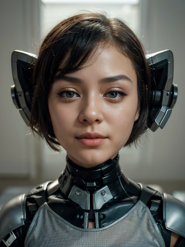 ((Disembodied head on desk stand)), beautiful girl, Ai girl, humanoid , robot girl, 20yo, makeup, eyes closed, short hair, highly detailed face, (realistic), masterpiece, best quality, extremely detailed, soft light, soft shadows, soft backlighting, (best image,best quality:1.5) asian girl, happy face