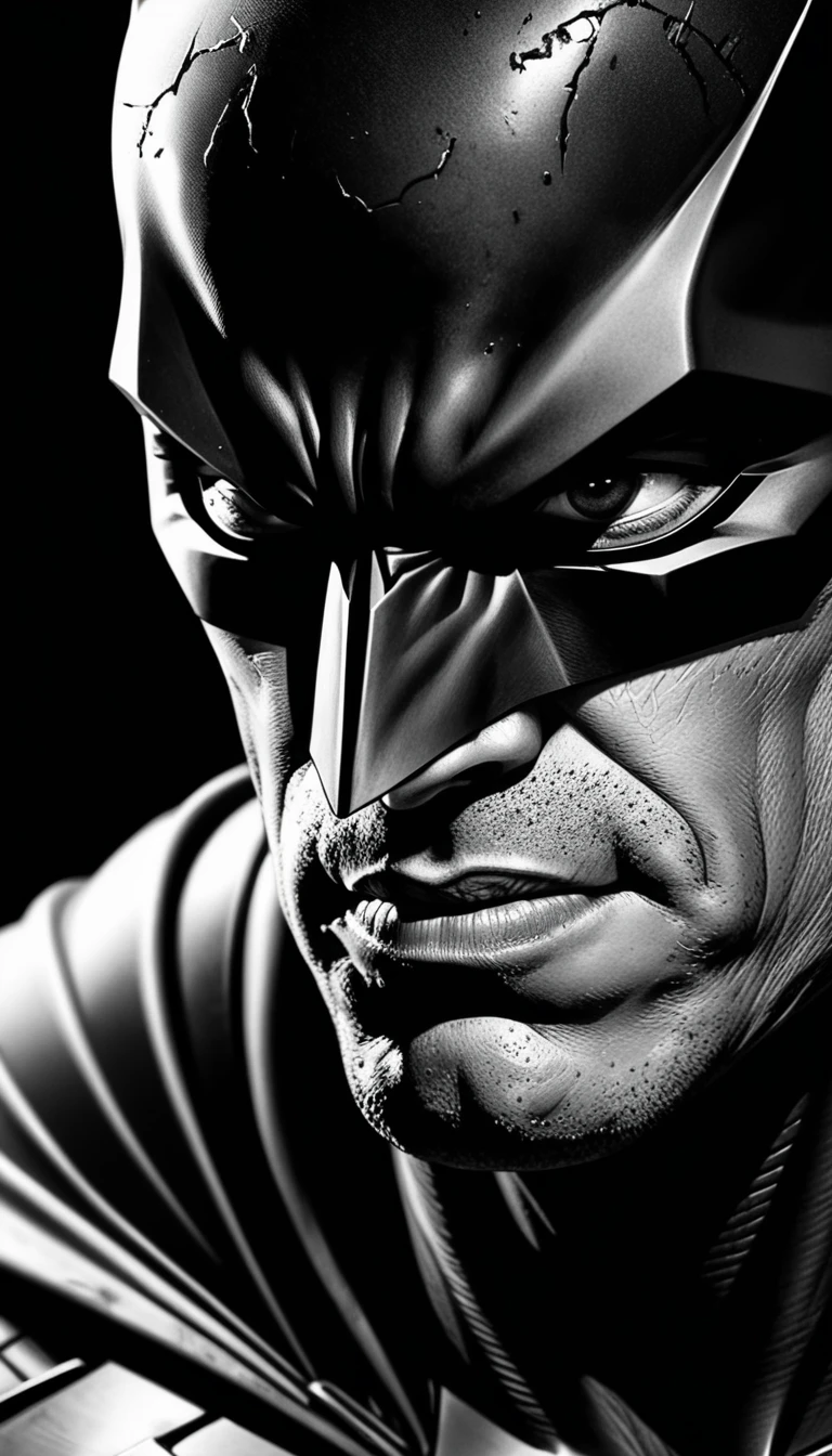extreme close up, batman looking at something below, in the style of dramatic black and white portraits, realistic hyper-detail, rob liefeld, close-up intensity, george stefanescu, nathan wirth, superheroes