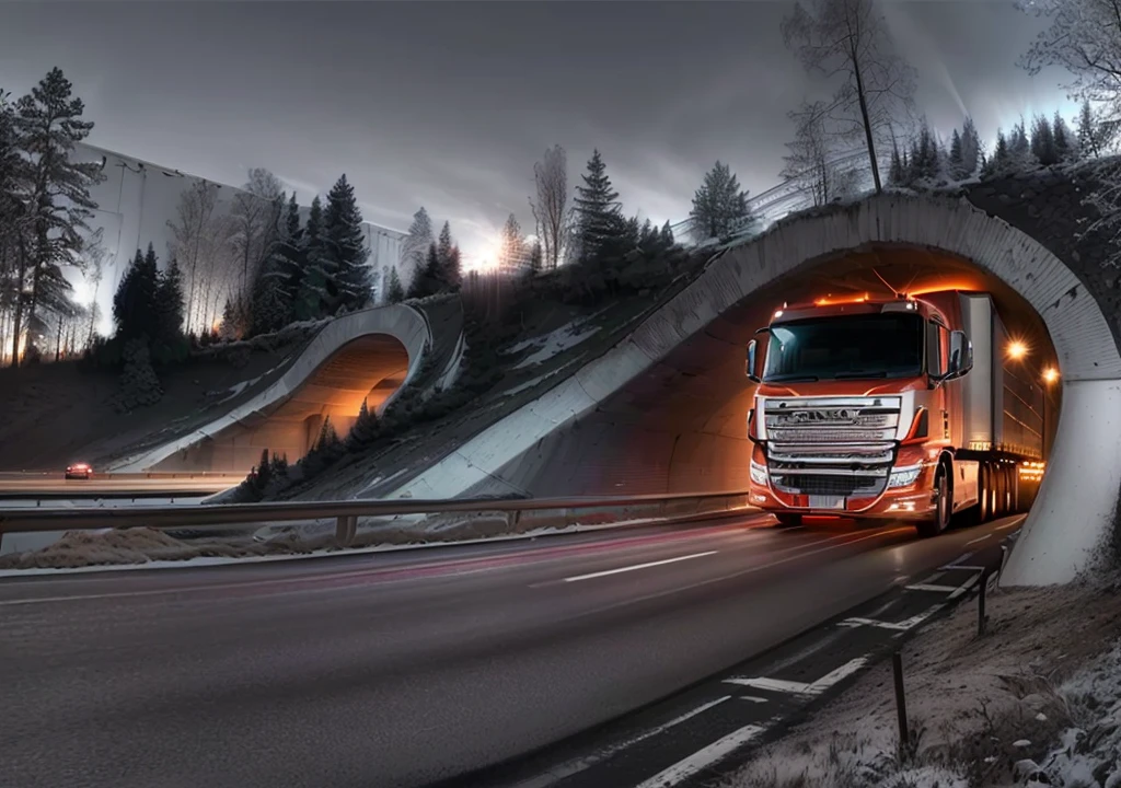 there is a truck driving through a tunnel on a highway, Dramatic Arts, advanced highway, Artistic Rendering, truck, Surrealism", “Surrealism", crisp smooth lines, Vehicle Photography, Car Photography, Tunnels lead to different worlds, impressive perspective, author:anato finnstark, HDR shooting, Long exposure photography, HDR photos, Thomas Haffner