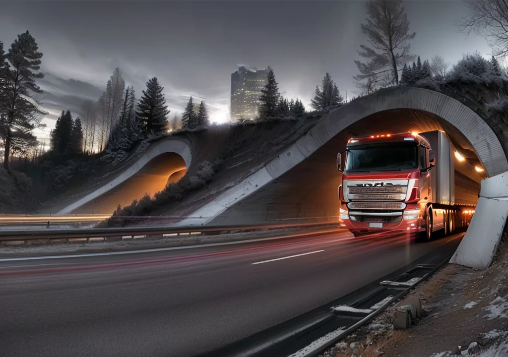 there is a truck driving through a tunnel on a highway, Dramatic Arts, advanced highway, Artistic Rendering, truck, Surrealism", “Surrealism", crisp smooth lines, Vehicle Photography, Car Photography, Tunnels lead to different worlds, impressive perspective, author:anato finnstark, HDR shooting, Long exposure photography, HDR photos, Thomas Haffner