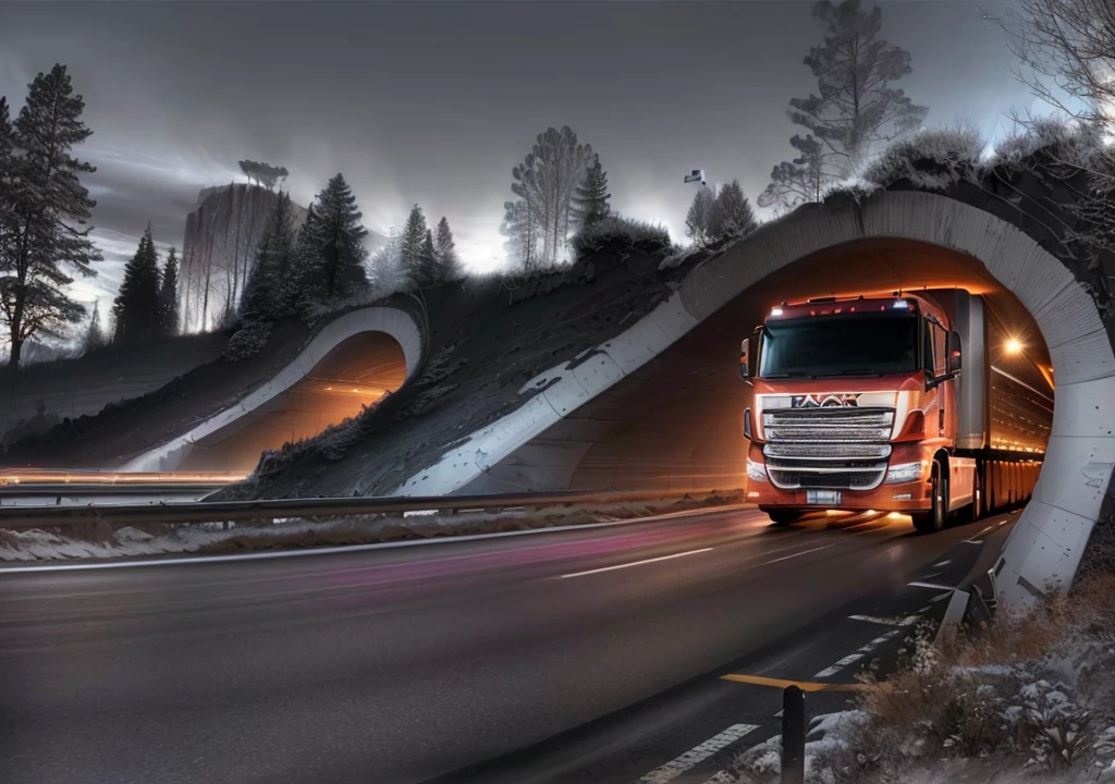 there is a truck driving through a tunnel on a highway, Dramatic Arts, advanced highway, Artistic Rendering, truck, Surrealism", “Surrealism", crisp smooth lines, Vehicle Photography, Car Photography, Tunnels lead to different worlds, impressive perspective, author:anato finnstark, HDR shooting, Long exposure photography, HDR photos, Thomas Haffner