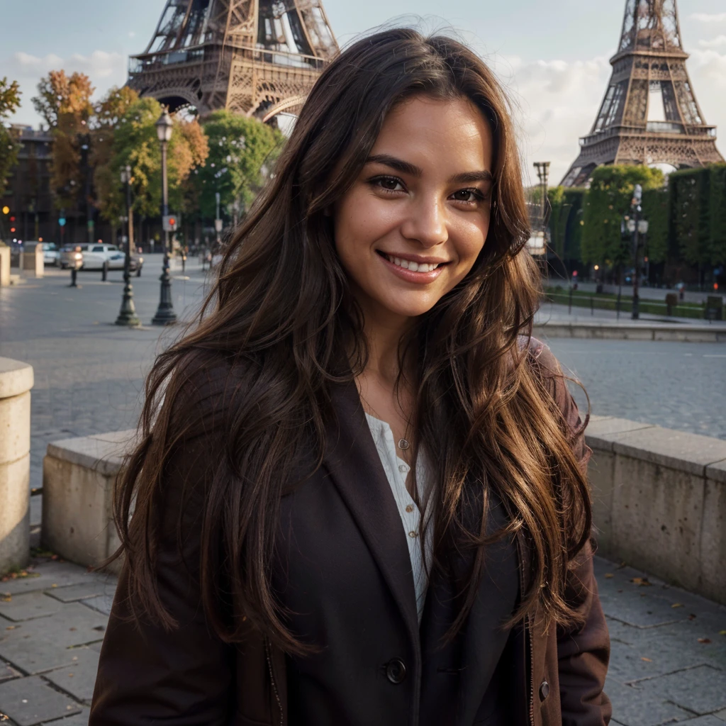 Beautiful smiling woman, light brown skin and medium wavy brown hair, she is in Paris, wearing a high quality burgundy overcoat in front of the eiffel tower. Photo with ultra HD and realistic quality. longeyelashes, solid circle eyes, light smile, ccurate, textured skin, drop shadow, pov, atmospheric perspective, 8k, super detail, best quality, high quality, super details. brown hair, hair over shoulder, wavy hair, hair spread out, smile, light smile, grin, smiley, cinematic lighting, drop shadow, atmospheric perspective, Realism, En plein air, 16k, highres, best quality, high quality, textured skin, accurate, UHD, super detail, high details