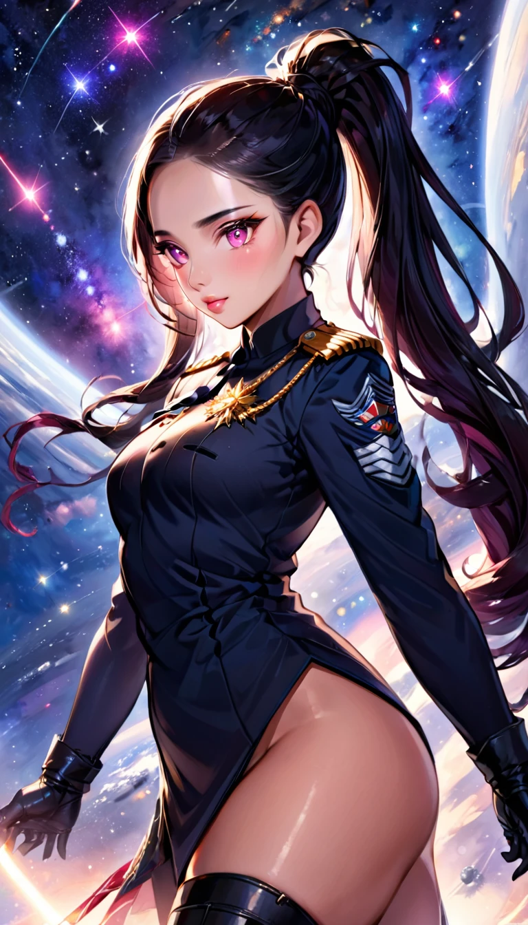 "Create an image of a beautiful female soldier named Lin Wei. She is tall and slender, about 170 centimeters in height, with an oval face, sparkling green eyes, finely shaped eyebrows, a slightly prominent nose, and soft pink lips. She has long, shiny black hair tied in a high ponytail. Lin Wei is wearing a perfectly fitting military uniform that highlights her strength and elegance, along with high boots.

Lin Wei is standing on a spaceship, with a vast expanse of space filled with twinkling stars as the backdrop. She looks directly at the camera with confidence and grace. The background should convey the grandeur and vastness of the universe."