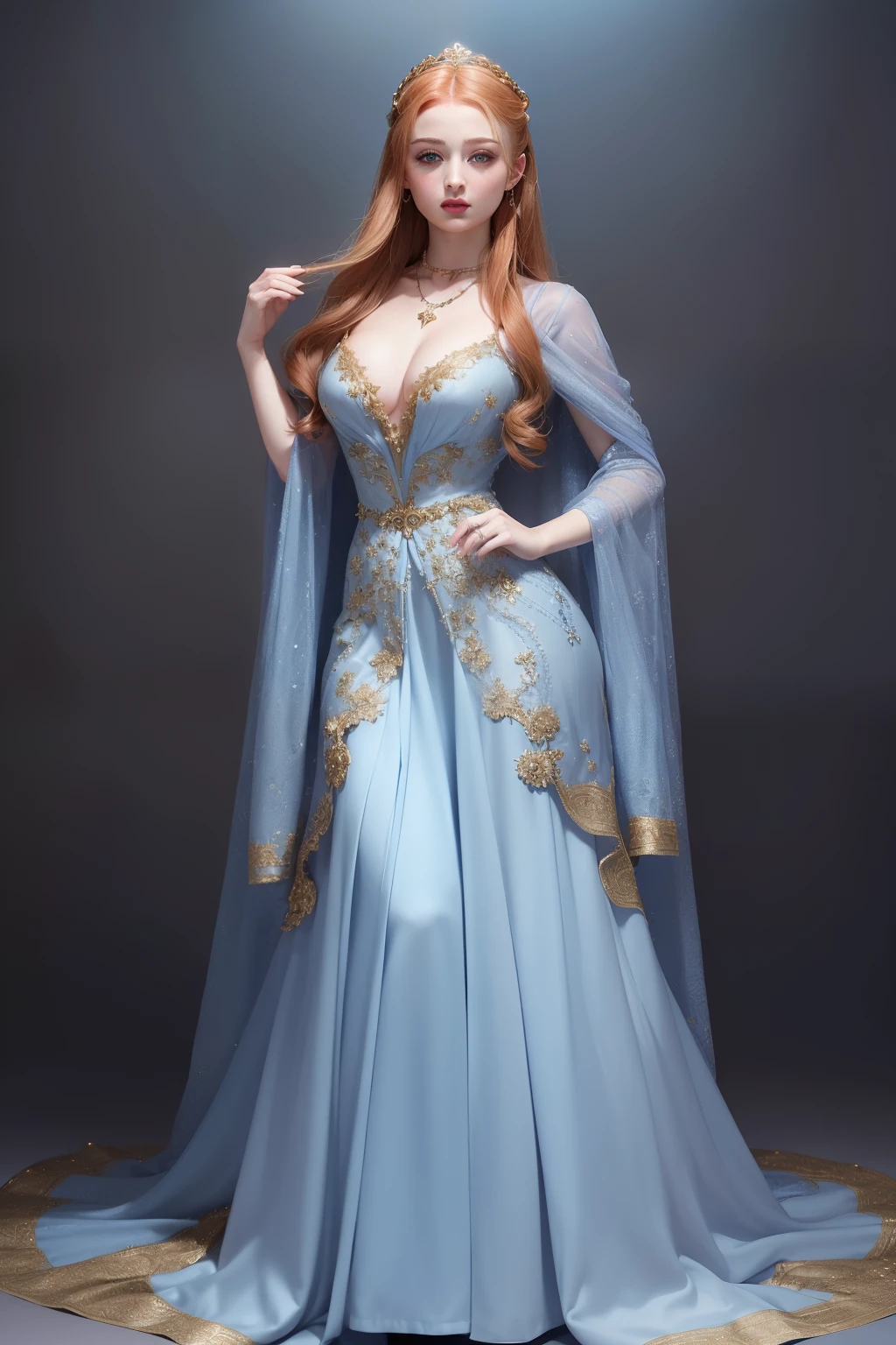 (masterpiece, best quality, cinematic, photorealistic, ultra-detailed), (1girl, Sophie Turner as Sansa Stark:1.2), (wide shot, full body view, from the front:1.5), (wearing Southern Gown, A deep blue dress with golden embroidery and a matching necklace:1.3), (Elaborate updo with curls and twists, showcasing her noble status in King's Landing, includes accessories such as small jeweled pins or ribbons), (blue eyes, soft and shimmery eyeshadows, detailed pupils, defined eyelashes), (blushing, slightly parted lips, cherry lips, fluffy lips), sexy body, perfect hands, (large cleavage, massive tits, underboobs), (sensual pose), (gradient background), looking at the viewer