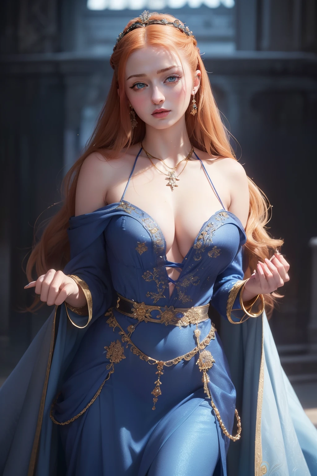 (masterpiece, best quality, cinematic, photorealistic, ultra-detailed), (1girl, Sophie Turner as Sansa Stark:1.2), (wide shot, full body view, from the front:1.5), (wearing Southern Gown, A deep blue dress with golden embroidery and a matching necklace:1.3), (Elaborate updo with curls and twists, showcasing her noble status in King's Landing, includes accessories such as small jeweled pins or ribbons), (blue eyes, soft and shimmery eyeshadows, detailed pupils, defined eyelashes), (blushing, slightly parted lips, cherry lips, fluffy lips), sexy body, perfect hands, (large cleavage, massive tits, underboobs), (sensual pose), (gradient background), looking at the viewer