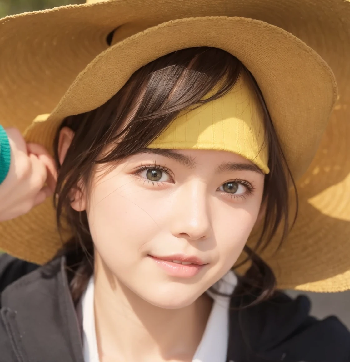 Please make the face of the attached person green and put a yellow hat on him.。