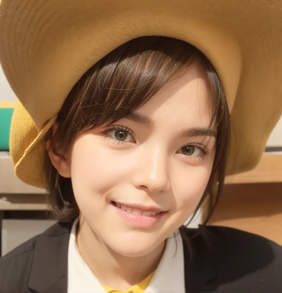 Please make the face of the attached person green and put a yellow hat on him.。