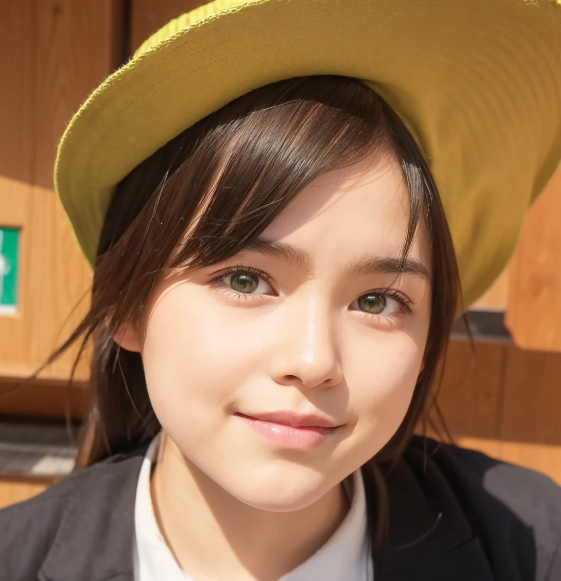 Please make the face of the attached person green and put a yellow hat on him.。