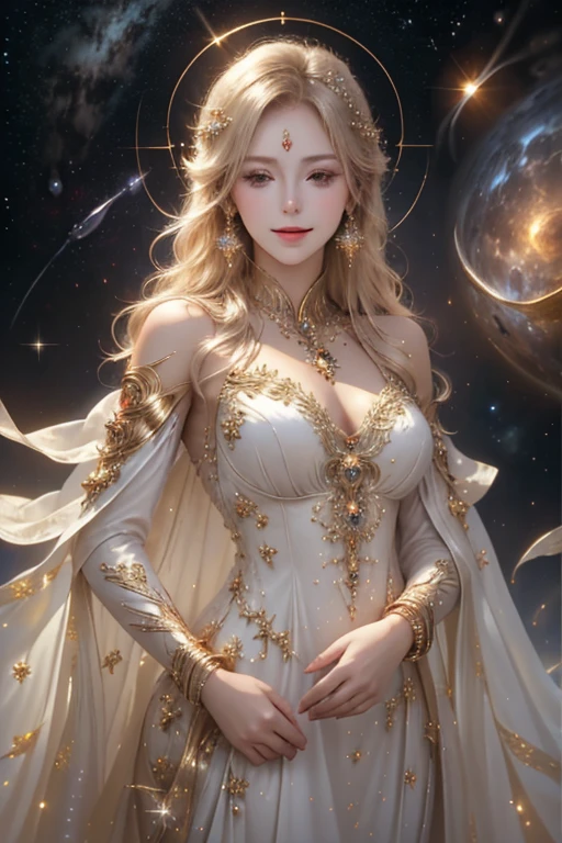 (masterpiece、Highest quality、High resolution、8K、16K)、((Alone in space、Beautiful Goddess、Standing posture、フローティング in the sky like a star))、((whole body))、Sunshine on my back、the sun is close、The light is dazzlingly reflected、Golden Cape、White long dress、No sleeve、Adorned with vibrant jewels、Gold Bracelet、Blonde middle、Beautiful brown eyes、A kind smile、Mouth closed、Elegant and detailed face、He is holding a ball of light  his right palm.、Graceful operation、Professional Lighting、The universe is full of light、Countless stars and nebulae、