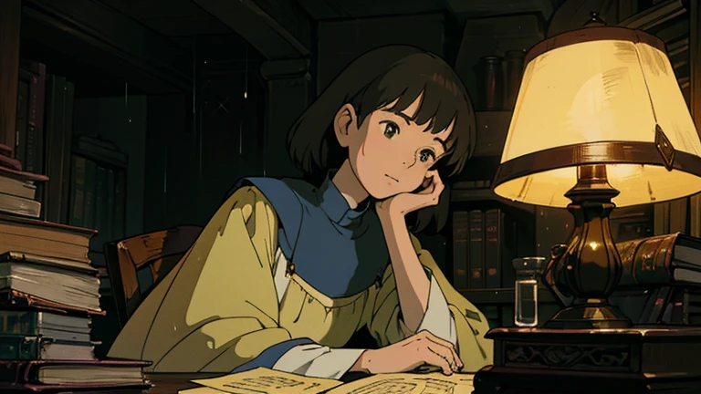 A girl, ensconced in a cozy corner on a rainy evening, sits surrounded by a jumble of books with an intensely profound study attitude. The soft yellow glow of the desk lamp illuminates her thoughtful expression, revealing her deep concentration and composed posture. Her inquisitive eyes dart back and forth between the pages, her nimble fingers turning them with subtle tilt, as she absorbs the old world wisdom contained within. The timeworn margins and sultry aura of the books add to the quiet night ambiance, creating a peaceful and tranquil countenance. This scholarly young woman, clad in plain attire, appears to be a seeker of knowledge and intellect