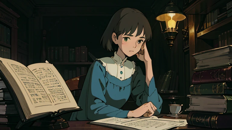 A girl, ensconced in a cozy corner on a rainy evening, sits surrounded by a jumble of books with an intensely profound study attitude. The soft yellow glow of the desk lamp illuminates her thoughtful expression, revealing her deep concentration and composed posture. Her inquisitive eyes dart back and forth between the pages, her nimble fingers turning them with subtle tilt, as she absorbs the old world wisdom contained within. The timeworn margins and sultry aura of the books add to the quiet night ambiance, creating a peaceful and tranquil countenance. This scholarly young woman, clad in plain attire, appears to be a seeker of knowledge and intellect