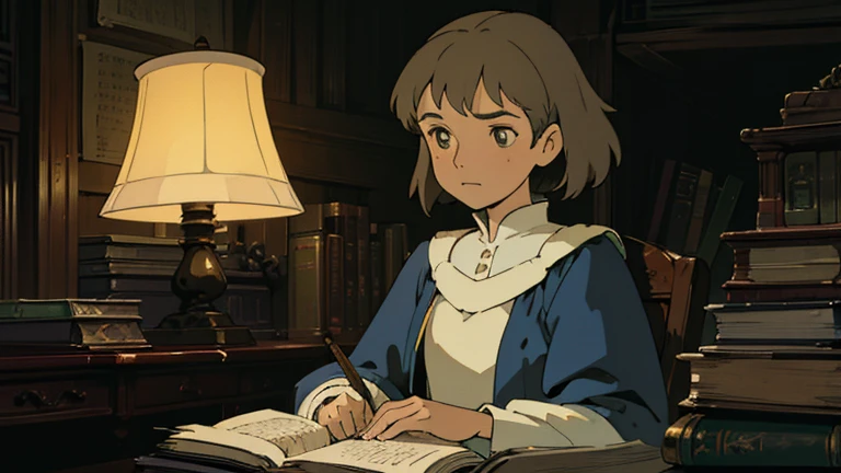 A girl, ensconced in a cozy corner on a rainy evening, sits surrounded by a jumble of books with an intensely profound study attitude. The soft yellow glow of the desk lamp illuminates her thoughtful expression, revealing her deep concentration and composed posture. Her inquisitive eyes dart back and forth between the pages, her nimble fingers turning them with subtle tilt, as she absorbs the old world wisdom contained within. The timeworn margins and sultry aura of the books add to the quiet night ambiance, creating a peaceful and tranquil countenance. This scholarly young woman, clad in plain attire, appears to be a seeker of knowledge and intellect