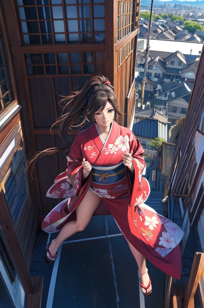 1woman,((((fullbody image)))),red kimono,((((flying)))),(((((flying over houses))))),huge hair,jumping(best quality,4k,8k,highres,masterpiece:1.2),ultra-detailed,(realistic,photorealistic,photo-realistic:1.37),detailed face,beautiful eyes,elegant pose,intricate kimono patterns,flowing hair,dramatic lighting,cinematic composition,vibrant colors,fantasy,digital art
