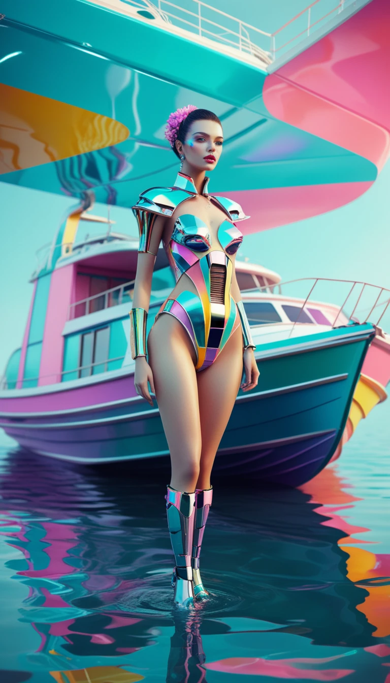 commercial photo of a stunning woman standing in water near a boat, in the style of colorful futurism, stylish costume design, daz3d, sleek metallic finish, robotic motifs, rococo pastel, vivid color blocks