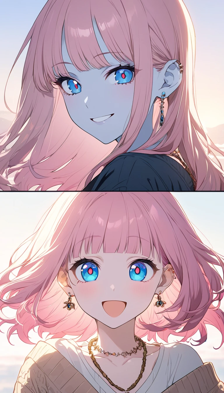 beautiful, 16K, female, happy, smiling, looking at viewer, long hair, hime cut, spiked hair, pink hair, blue eyes, big eyes, pale skin, detailed skin, detailed face, tall, skinny, cardigan, off shoulder, necklace, earrings, piercing, 30-year-old, japanese, gradient blue background, light atmosphere, anime, icon