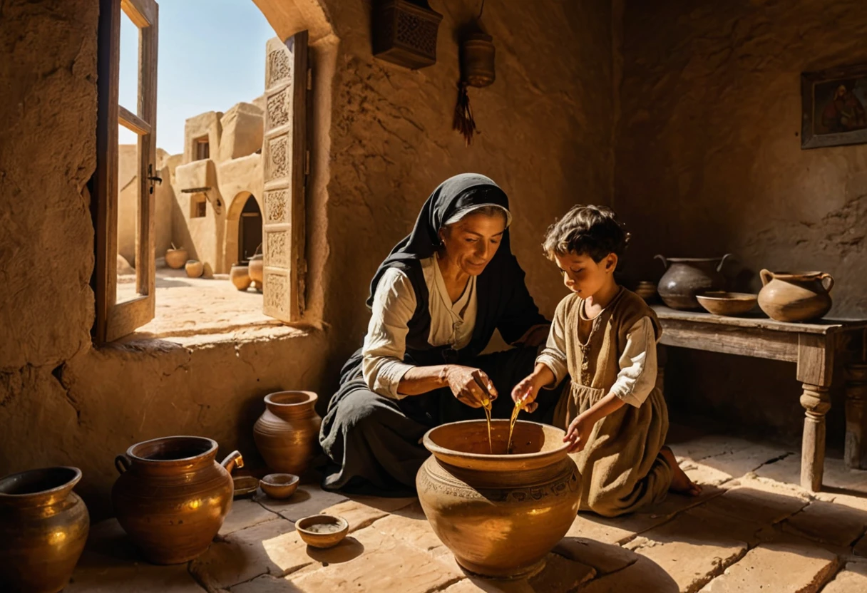 ((widow pouring oil into a vessel beside)), (small ??? boy by your side watching), (ancient Middle Eastern village), (widow pouring oil from a jar while Elisha looks on), (biblical narrative moment), (modest home with clay walls and simple furnishings), (soft, natural light filtering through a window), (inspired by Rembrandt), (realistic), (digital painting), (historical scene), (earthy tones with highlights of gold and brown), (high resolution, ultra-detailed), (masterpiece quality), 