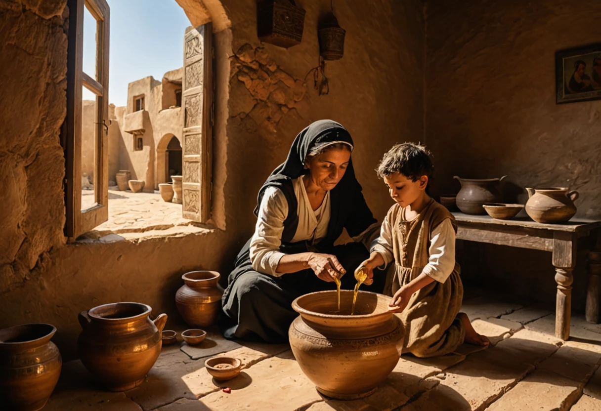 ((widow pouring oil into a vessel beside)), (small kid boy by your side watching), (ancient Middle Eastern village), (widow pouring oil from a jar while Elisha looks on), (biblical narrative moment), (modest home with clay walls and simple furnishings), (soft, natural light filtering through a window), (inspired by Rembrandt), (realistic), (digital painting), (historical scene), (earthy tones with highlights of gold and brown), (high resolution, ultra-detailed), (masterpiece quality), 