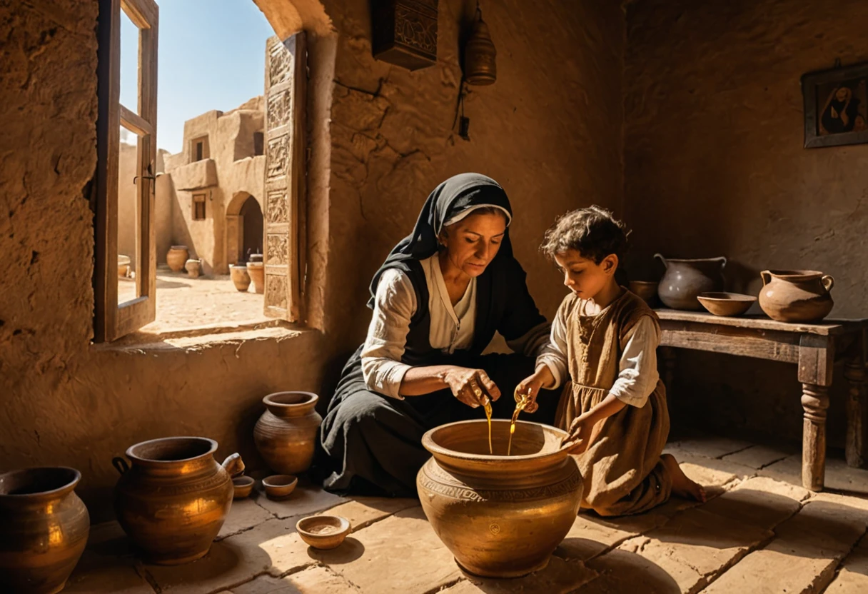 ((widow pouring oil into a vessel beside)), (small kid boy by your side watching), (ancient Middle Eastern village), (widow pouring oil from a jar while Elisha looks on), (biblical narrative moment), (modest home with clay walls and simple furnishings), (soft, natural light filtering through a window), (inspired by Rembrandt), (realistic), (digital painting), (historical scene), (earthy tones with highlights of gold and brown), (high resolution, ultra-detailed), (masterpiece quality), 