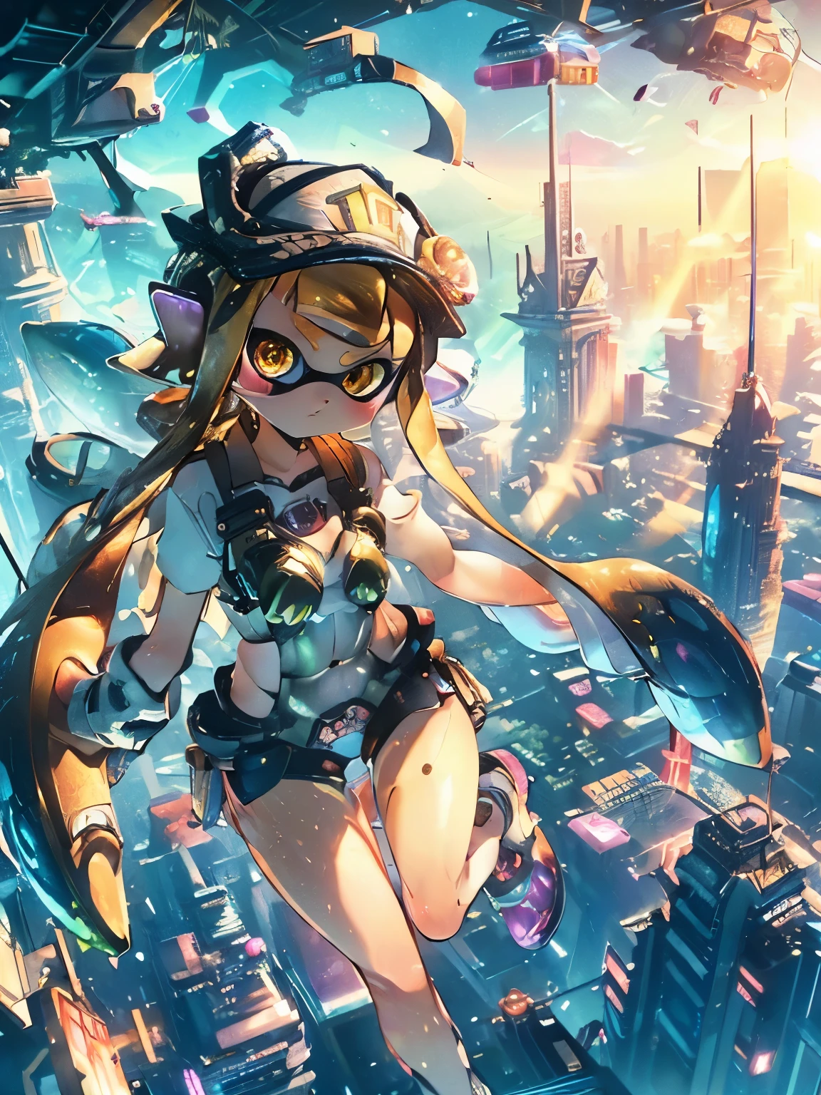 (Super detailed, masterpiece:1.2), Highly detailed artwork, Highest quality, High resolution, Surreal:1.37, ((Attractive Splatoon Girl, Golden glowing eyes、Long, prism-graded tentacle hair))、A slightly thinner face、Beautiful Face、Detailed facial depiction、Anatomically correct body、(A breathtaking leap, Cityscape in the background)