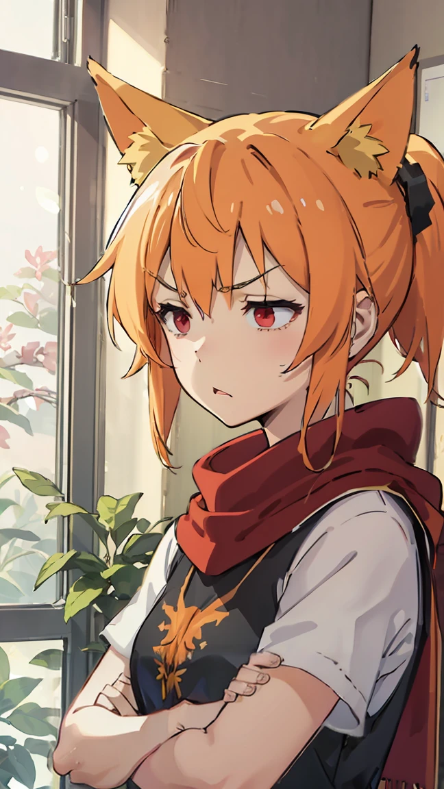 1girl, v-shaped eyebrows, wild ponytail hair, red scarf, orange hair, red eyes, fox ears, small breast, annoyed face, wallpaper, landscape, depth of field, morning, living room, glance left, crossed arms, light particles, light rays, sidelighting, (black t-shirt),  