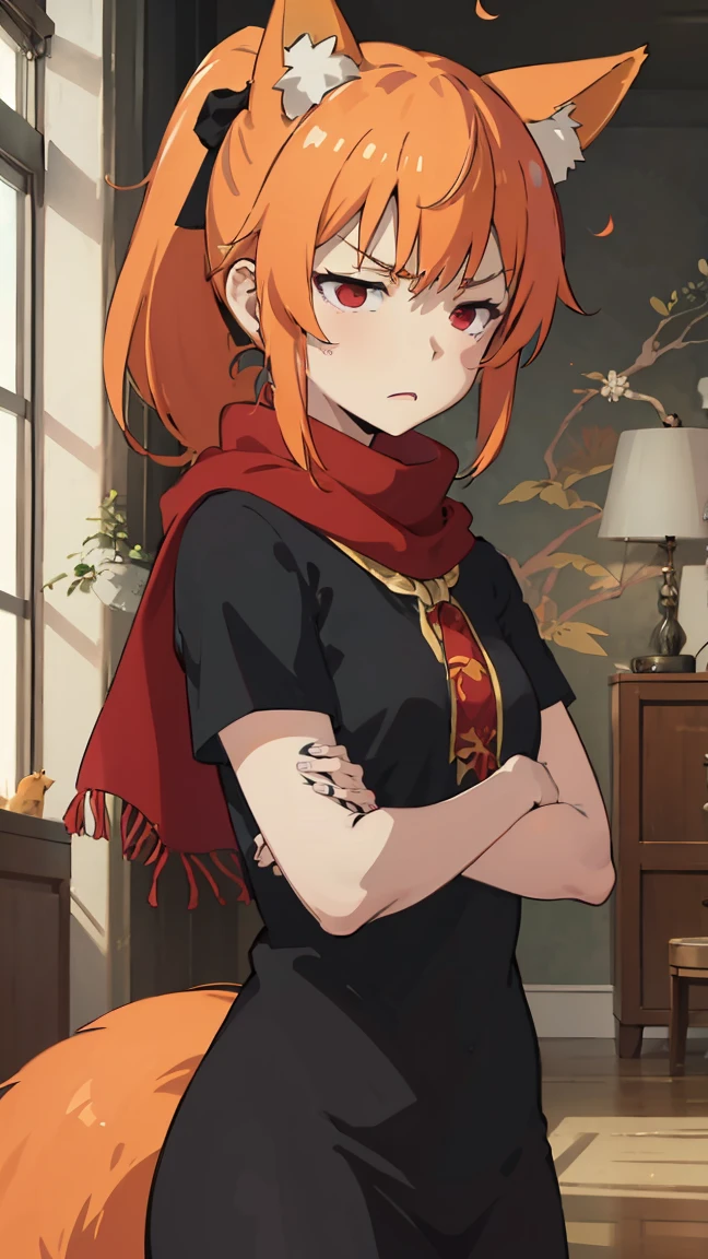 1girl, v-shaped eyebrows, wild ponytail hair, red scarf, orange hair, red eyes, fox ears, small breast, annoyed face, wallpaper, landscape, depth of field, morning, living room, glance left, crossed arms, light particles, light rays, sidelighting, (black t-shirt),  