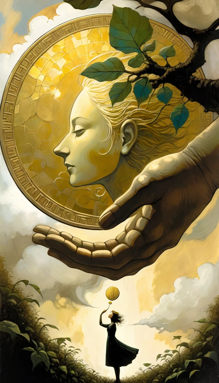 Over a leafy garden, a hand emerges from a cloud carrying a giant gold coin.(art inspired by Dave Mckean, intricate details, oil painting)