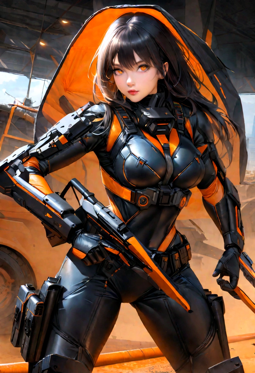 Athletic and toned female with shoulder-length black hair with orange streaks and hazel eyes. She is an explosives expert, skilled in demolition, engineering, gadget creation, and hand-to-hand combat, Costume consists of a black armored suit with reinforced plating and orange lines running along the seams, a full-face mask with a digital display in black with glowing orange accents, a black hood with an orange interior and tactical enhancements, and weapons including small explosive devices and a high-tech crossbow in black and orange, Geographic Data in Detailed Hyper-Realism Photoshoot Style