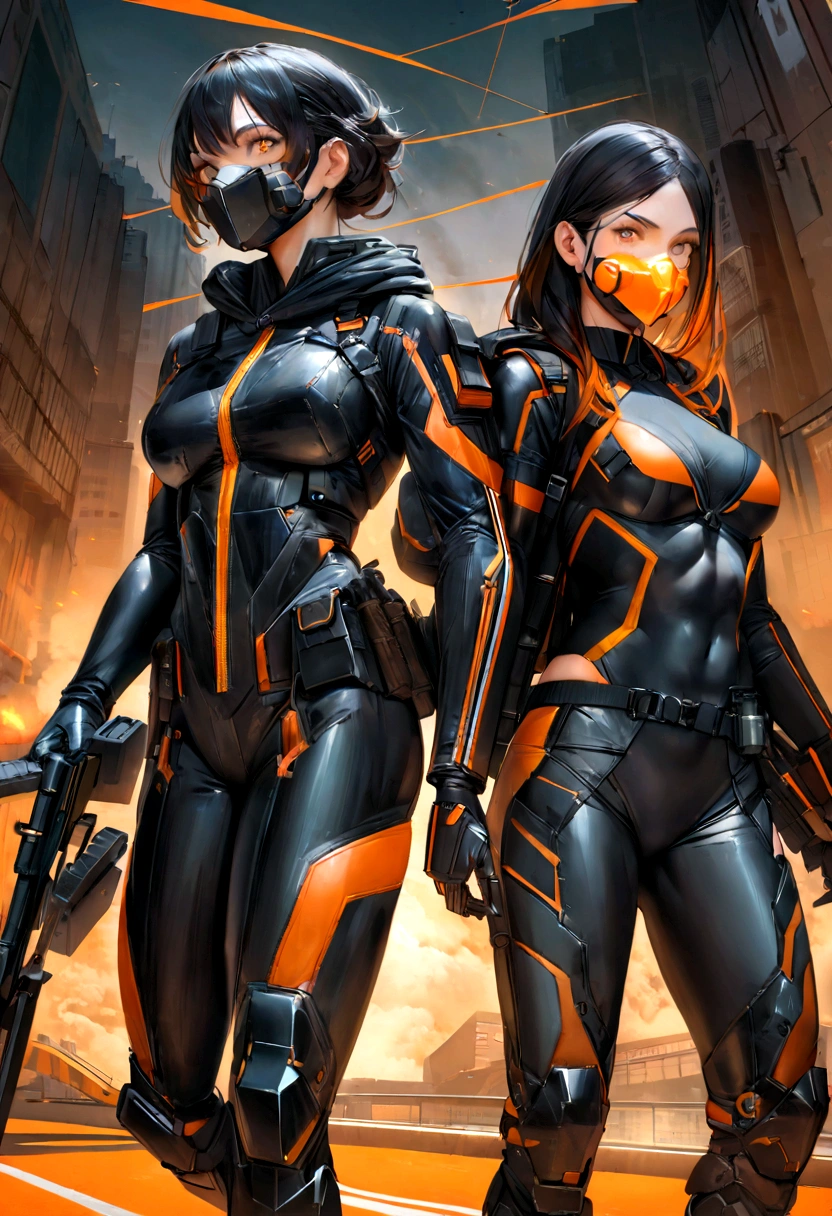 Athletic and toned female with shoulder-length black hair with orange streaks and hazel eyes. She is an explosives expert, skilled in demolition, engineering, gadget creation, and hand-to-hand combat, Costume consists of a black armored suit with reinforced plating and orange lines running along the seams, a full-face mask with a digital display in black with glowing orange accents, a black hood with an orange interior and tactical enhancements, and weapons including small explosive devices and a high-tech crossbow in black and orange, Geographic Data in Detailed Hyper-Realism Photoshoot Style