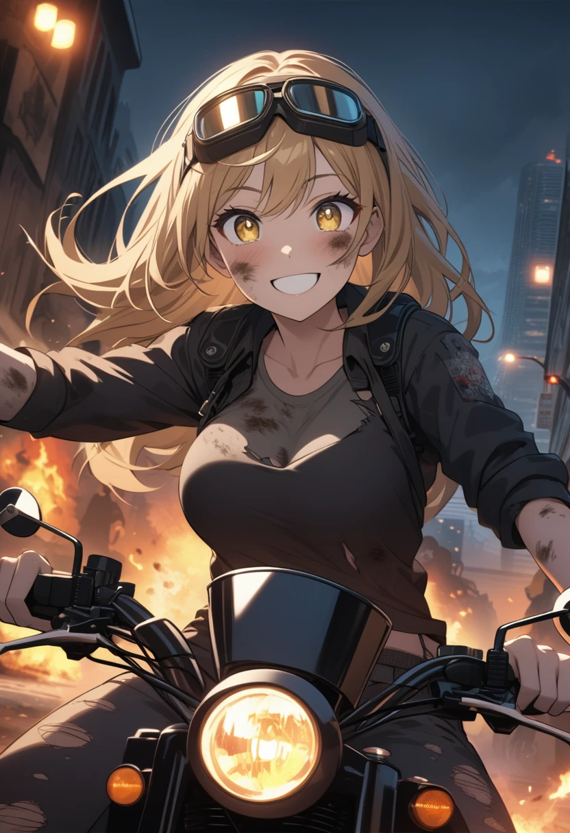 Golden hair, golden eyes with black pupils, woman, cruiser motorcycle, big chest, motorcycle goggles, happy, big smile, dirty, burning city at night, zombie apocalypse, tattered black streetwear, speeding, highly detailed, perfect eyes, well defined eyes, highly detailed eyes, expressive eyes, perfect hands