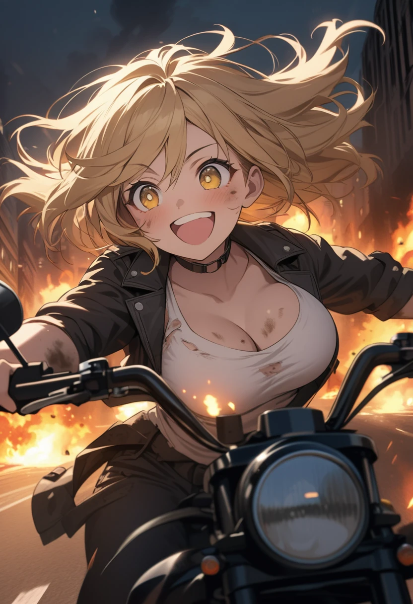 Golden hair, golden eyes with black pupils, woman, cruiser motorcycle, big chest, motorcycle goggles, happy, big smile, dirty, burning city at night, zombie apocalypse, tattered black streetwear, speeding, highly detailed, perfect eyes, well defined eyes, highly detailed eyes, expressive eyes, perfect hands