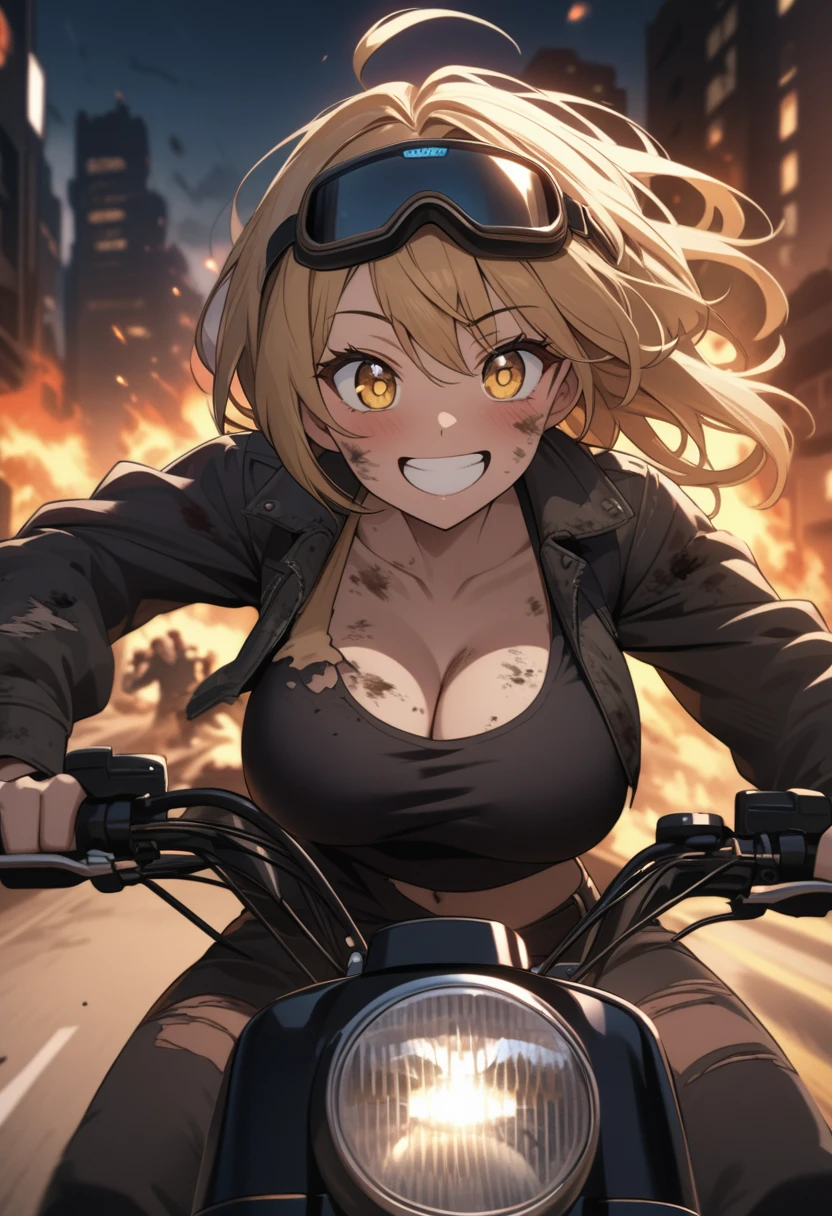 Golden hair, golden eyes with black pupils, woman, cruiser motorcycle, big chest, motorcycle goggles, happy, big smile, dirty, burning city at night, zombie apocalypse, tattered black streetwear, speeding, highly detailed, perfect eyes, well defined eyes, highly detailed eyes, expressive eyes, perfect hands