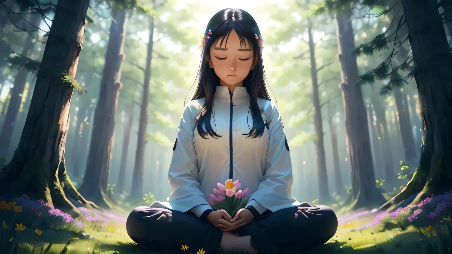 Pictures of girls meditating, surrounded by nature, like a quiet forest，Or a field full of colorful flowers.. 
This picture gives people a sense of calm, Connection with nature and peaceful atmosphere, consistent with the tone of prayer.