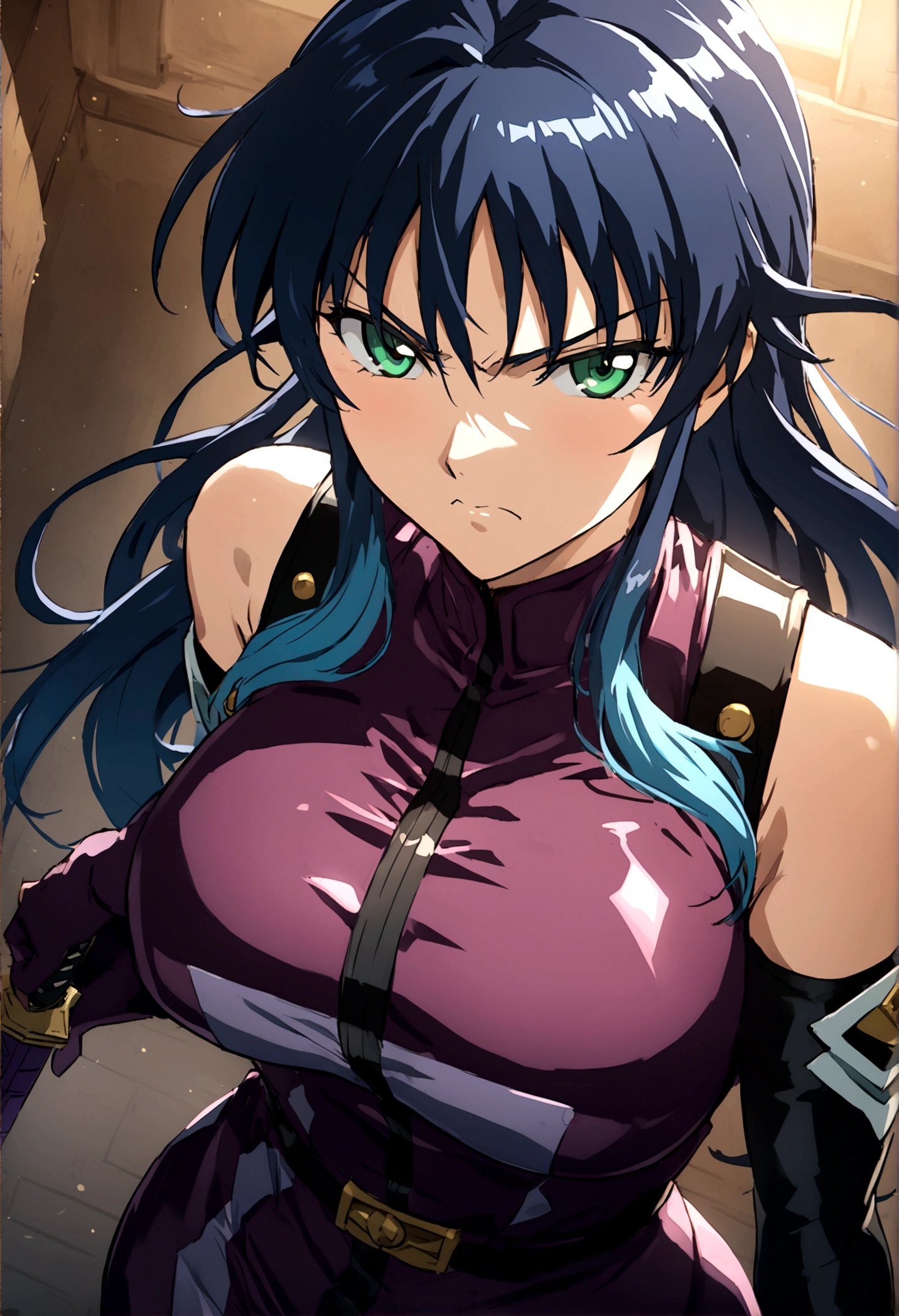 Large Breasts, anime girl with blue hair and green eyes long haired, misato katsuragi, portrait knights of zodiac girl, fubuki, kusanagi, inspired by Rei Kamoi, nico robin, ikki tousen, knights of zodiac girl, juri misaki, gainax anime style, close view 8K,HD,Wallpaper masterpiece 1.3, large ass, , thin waist, holding a katana, bloody clothes, angry, violet ninja outfit. Lookin at viewer, 