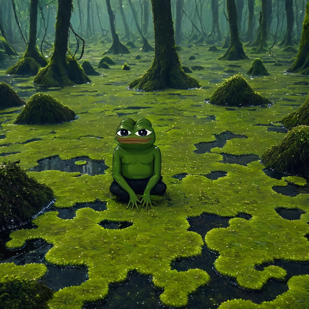 A land full of slime moss stagnant water and insects, (((pepe_frog))), 1 boy, yellow skin, black short with avitus name