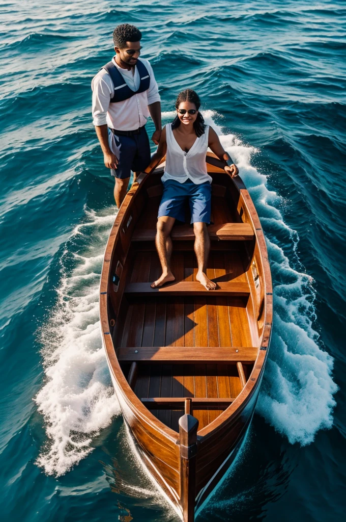 A man with a woman in a small wooden boat in the middle of the ocean