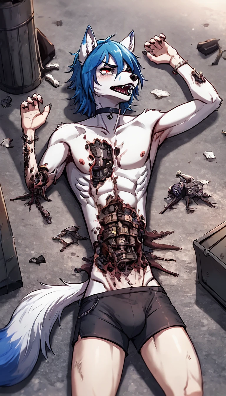 score_9, score_8_up, score_7_up, score_6_up BREAK furry, anthro, source furry, uploaded on e621 BREAK barcode tattoos on the body, (robot, android, mechabare:1.6, severed limbs, severed arms, severed legs, guro, amputee, dismembered, dismemberment, broken, damaged, heavily damaged, destroyed), solo, male, adult, nude, athletic, abs, thin waist, white arctic fox, white fur, short messy dark blue hair, detailed eyes, hard nipples, shorts, component, mechanical parts, mechanical component, lying, lying on a pile of trash, leaning back to pile of trash, pile of trash, in the trash dumping ground, trash dumping ground background, angry expression, looking away, BREAK good quality, best quality, high quality, high definition, hd, 4k, 8k, masterpiece, intricate, extremely intricate, intricate details