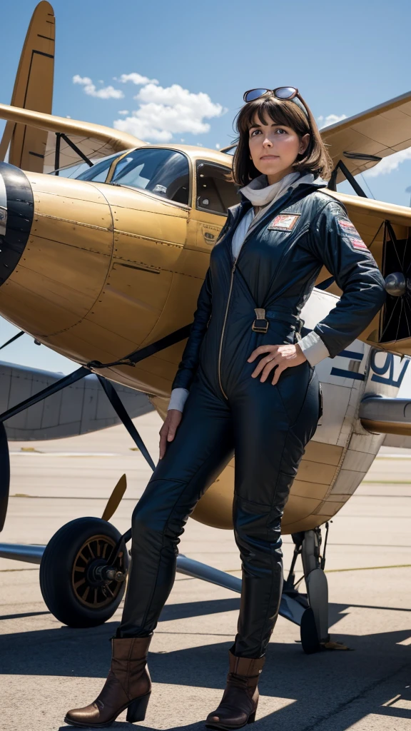 Harriet Quimby standing next to her plane, ready for her historic flight.