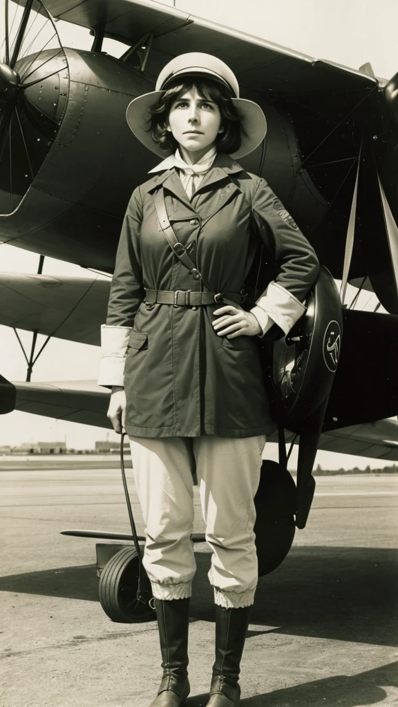 Harriet Quimby standing next to her plane, ready for her historic flight.