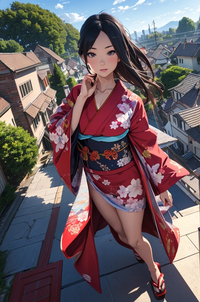 1woman,((((fullbody image)))),red kimono,((((flying)))),(((((flying over houses))))),huge hair,jumping(best quality,4k,8k,highres,masterpiece:1.2),ultra-detailed,(realistic,photorealistic,photo-realistic:1.37),detailed face,beautiful eyes,elegant pose,intricate kimono patterns,flowing hair,dramatic lighting,cinematic composition,vibrant colors,fantasy,digital art
