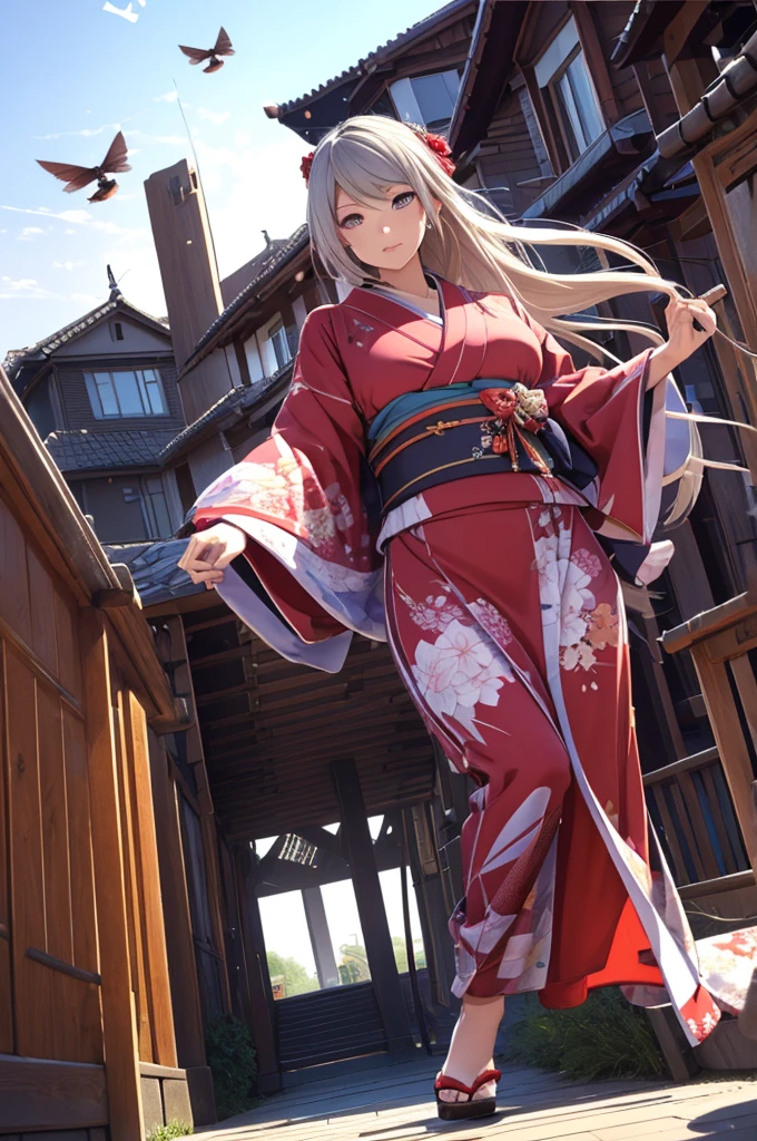 1woman,((((fullbody image)))),red kimono,((((flying)))),(((((flying over houses))))),huge hair,jumping(best quality,4k,8k,highres,masterpiece:1.2),ultra-detailed,(realistic,photorealistic,photo-realistic:1.37),detailed face,beautiful eyes,elegant pose,intricate kimono patterns,flowing hair,dramatic lighting,cinematic composition,vibrant colors,fantasy,digital art
