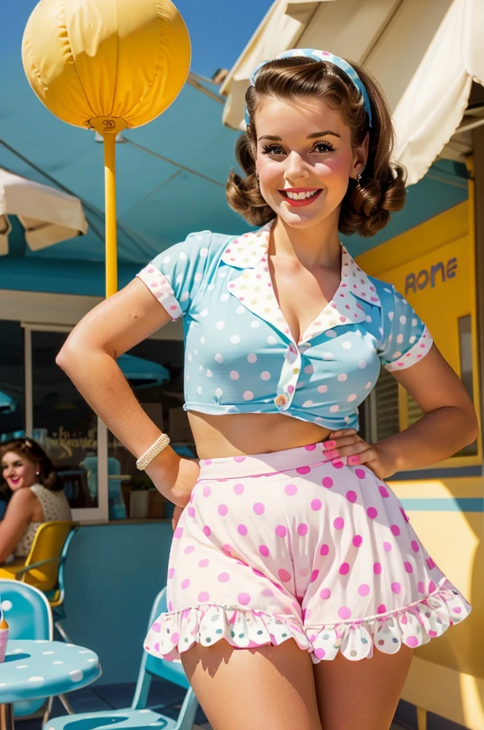 photo of a brunette pinup holding a big pop beautiful smile beautiful cafe retro bright light colors pastel mini skirt with polka dots posing in pinup style sexy