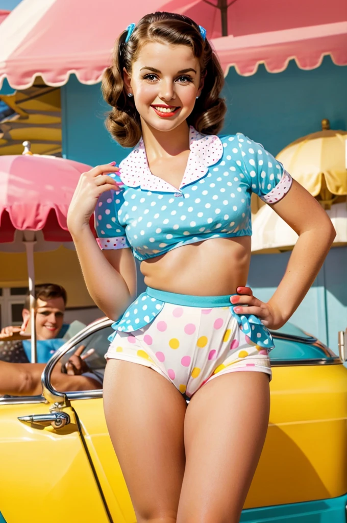 photo of a brunette pinup holding a big lolipop beautiful smile beautiful cafe retro bright light colors pastel mini skirt with polka dots posing in pinup style sexy