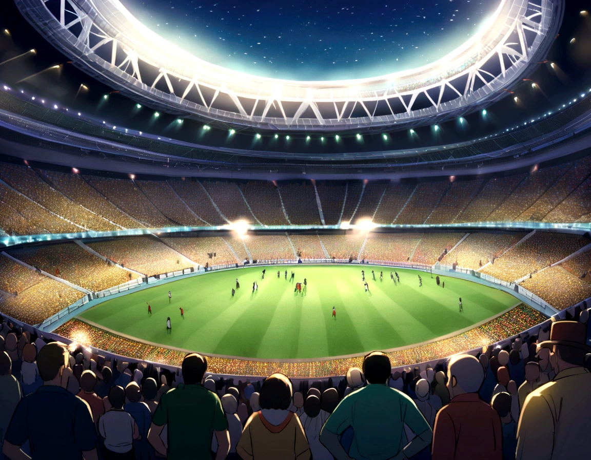 An exciting football match in a stadium packed with spectators and floodlights, enthusiastic crowd, Dazzling stadium floodlights, Exciting times, Vibrant atmosphere, Mexican Theme, Dessert theme, Fantasy Theme Stadium, Gold coins and banknotes scattered all over the sky