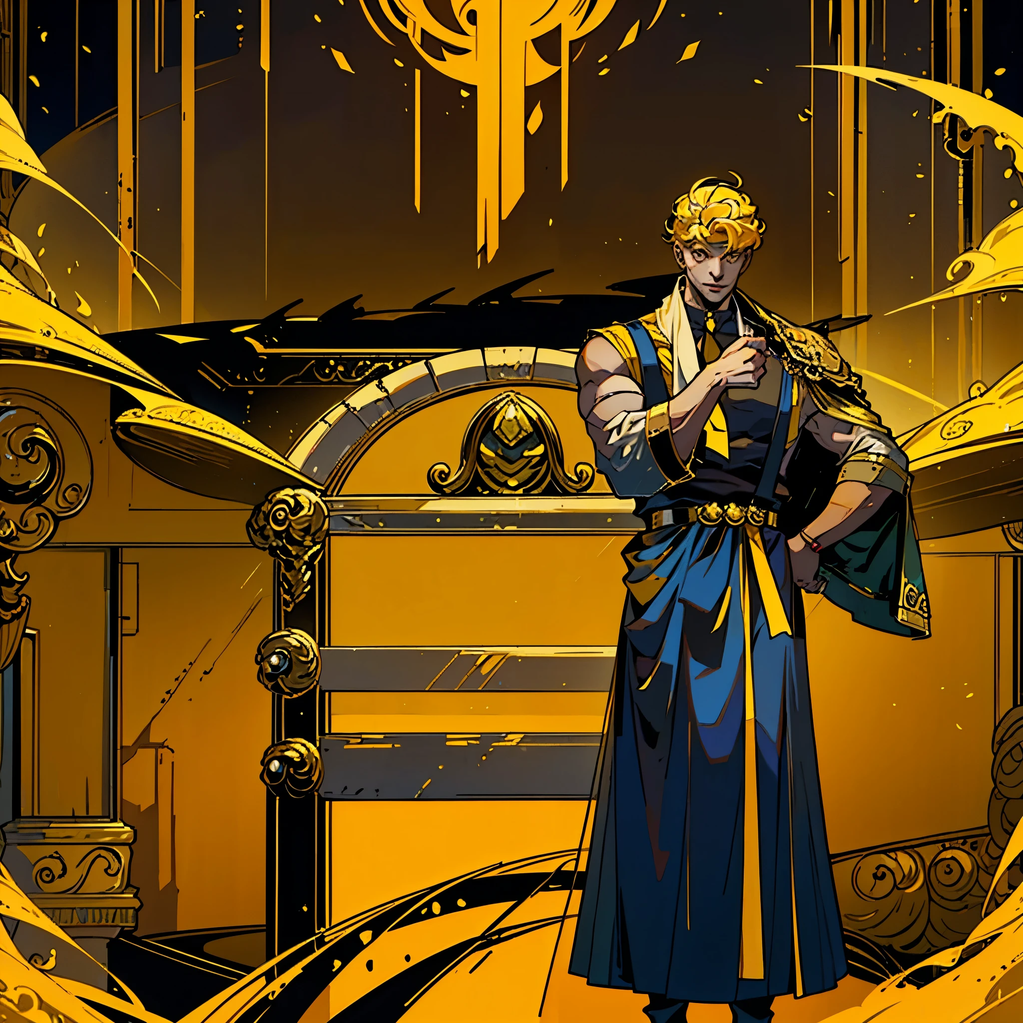 1boy, alone, 25 years old, young, yellow hair, golden eyes, insister sur les reflets des yeux dorés, cheveux blonds, mid lenght hair, boss, formal business outfit, yellow outfit, yellow clothes, black suspenders, arrogant look, hades style, hades game, Jen zee style, greek themed image, yellow themed image, yellow furniture, mustard touches of color, mustard colored walls, kim goo character, kim goo inspiration, kim goo lookism, kim goo manager kim, looking at viewer, flower of the cult vagabondart1 style, khoffi art style, khoffi style
