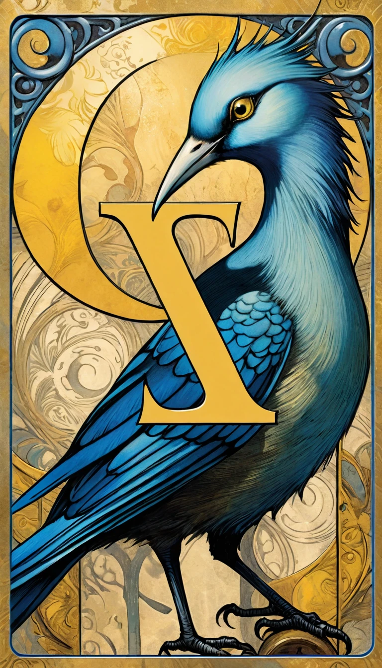 a close up of a blue and yellow letter s with a bird, as a tarot card, tarot card design, tarot design, victorian playing card, tarot card style, rider waite card, [ tarot card ]!!!!!, symmetrical tarot card, tarot card, tarot!!, inspired by Jules Tavernier, deck of many things, tarot card layout, playing cards, cards (art inspired by Dave Mckean, intricate details, oil painting)