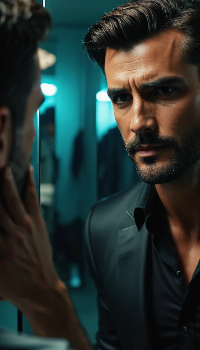 I want you to make a super realistic 4k man, looking into the mirror with the mirror reflection centered and the man on the left side.