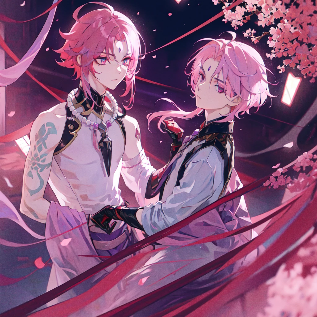 1boy,pink hair,best quality,masterpiece,extremley,red and purple eyes,male focus,beautiful eyes,